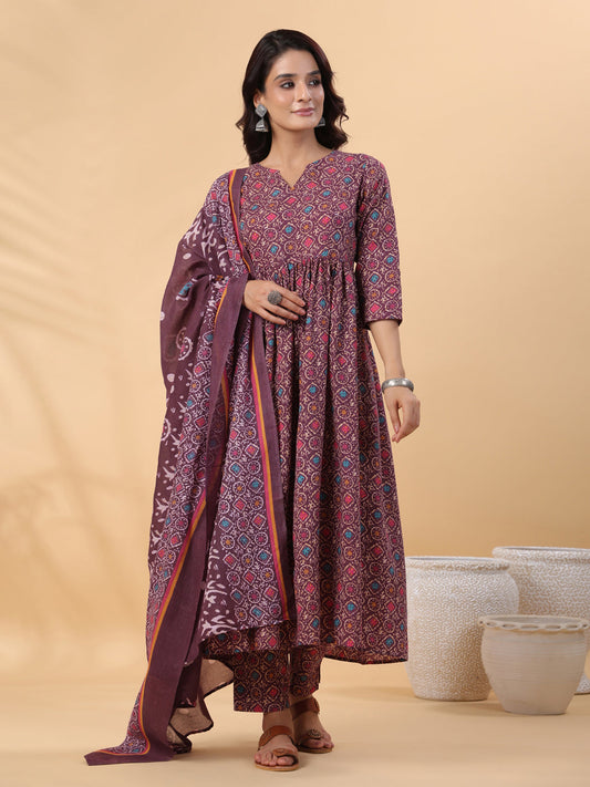 Janasya A-Line Cotton Blend Wine Abstract Round Neck Kurta,Bottom & Dupatta | Swadesiicart