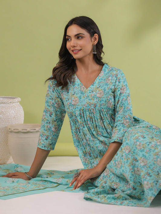 Janasya A-Line Poly Cotton Aqua Floral V-Neck Kurta,Bottom & Dupatta - Swadesiicart
