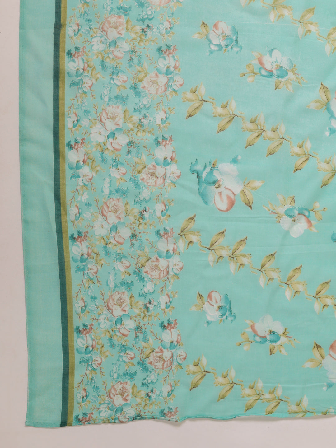 Janasya A-Line Poly Cotton Aqua Floral V-Neck Kurta,Bottom & Dupatta - Swadesiicart
