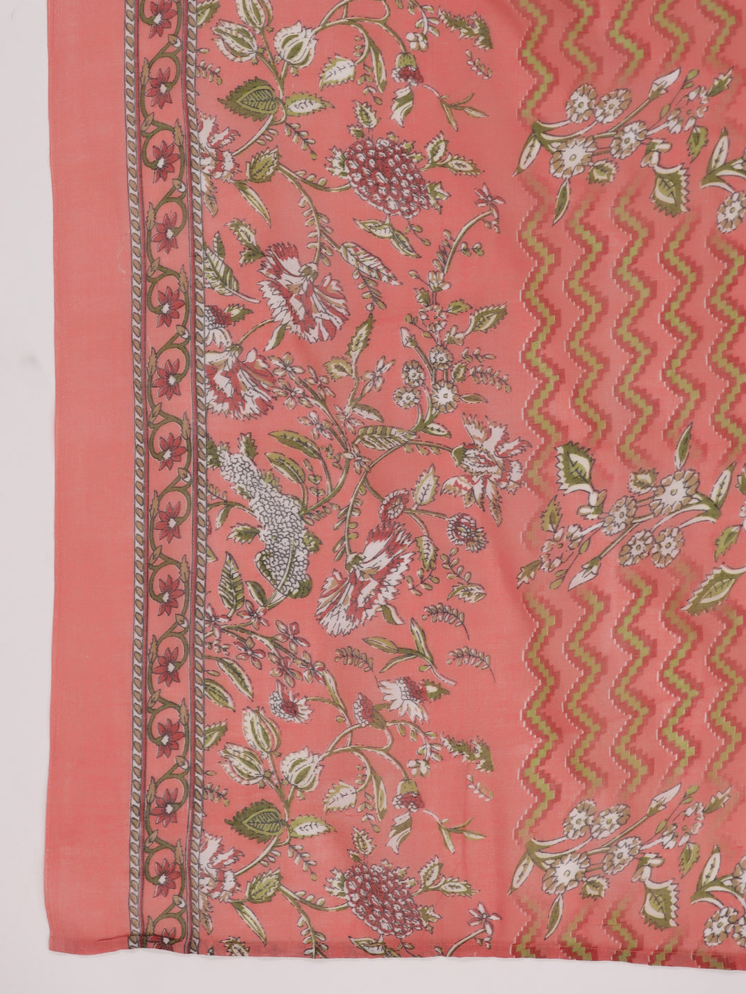 Janasya Pleated Poly Cotton Peach Floral V-Neck Kurta,Bottom & Dupatta - Swadesiicart