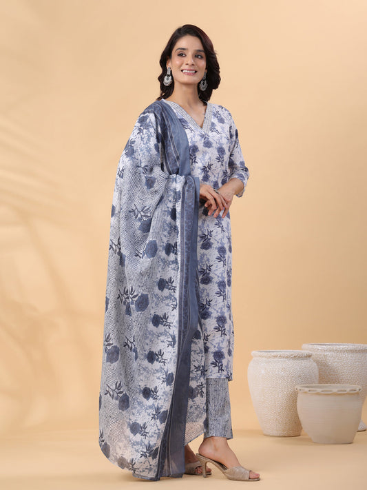 Janasya Regular Magics Slub White Floral V-Neck Kurta,Bottom & Dupatta | Swadesiicart