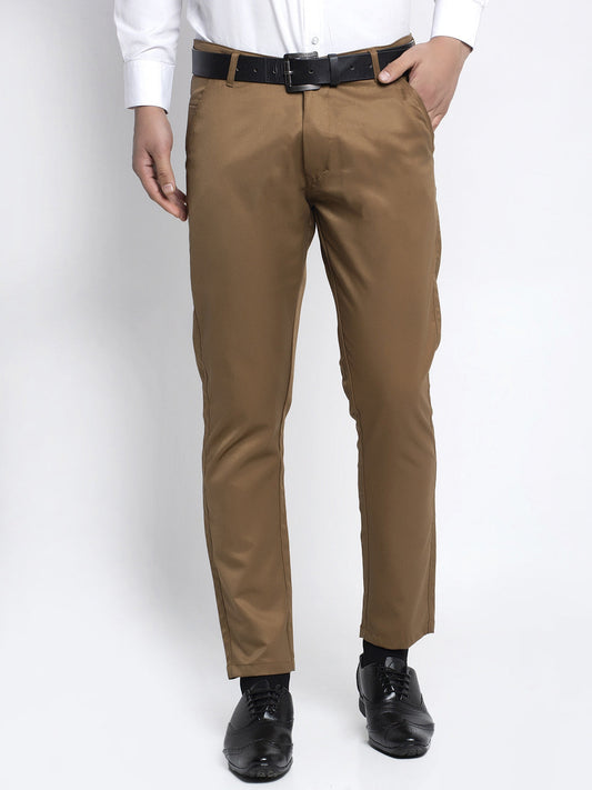 Jainish Men's Brown Tapered Fit Formal Trousers | Swadesiicart