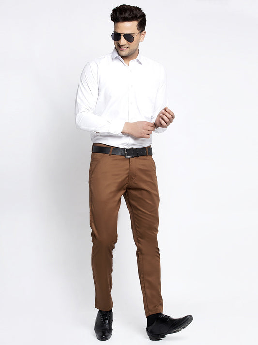 Jainish Men's Brown Tapered Fit Formal Trousers | Swadesiicart