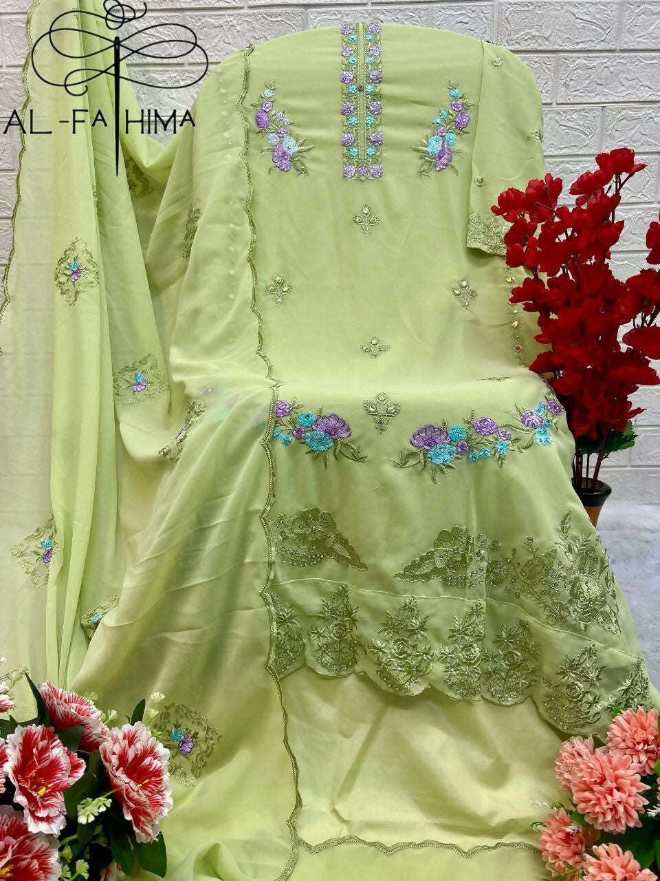 Jyoti Fashion Women's Pista Green Faux Georgette Heavy Embroidery and Moti Work Kurta Set | Swadesiicart