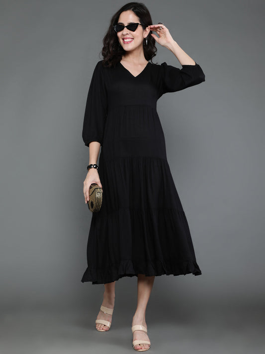 Antaran Black Rayon Flared Solid Black Dress - Swadesiicart