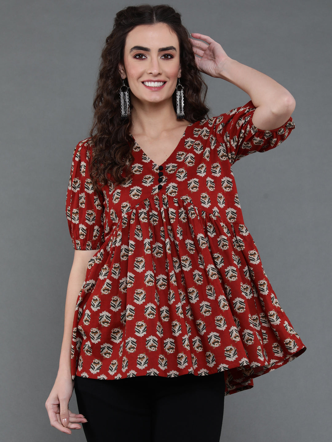 Antaran Brown/Rust Pure Cotton Aliacut Printed Top - Swadesiicart