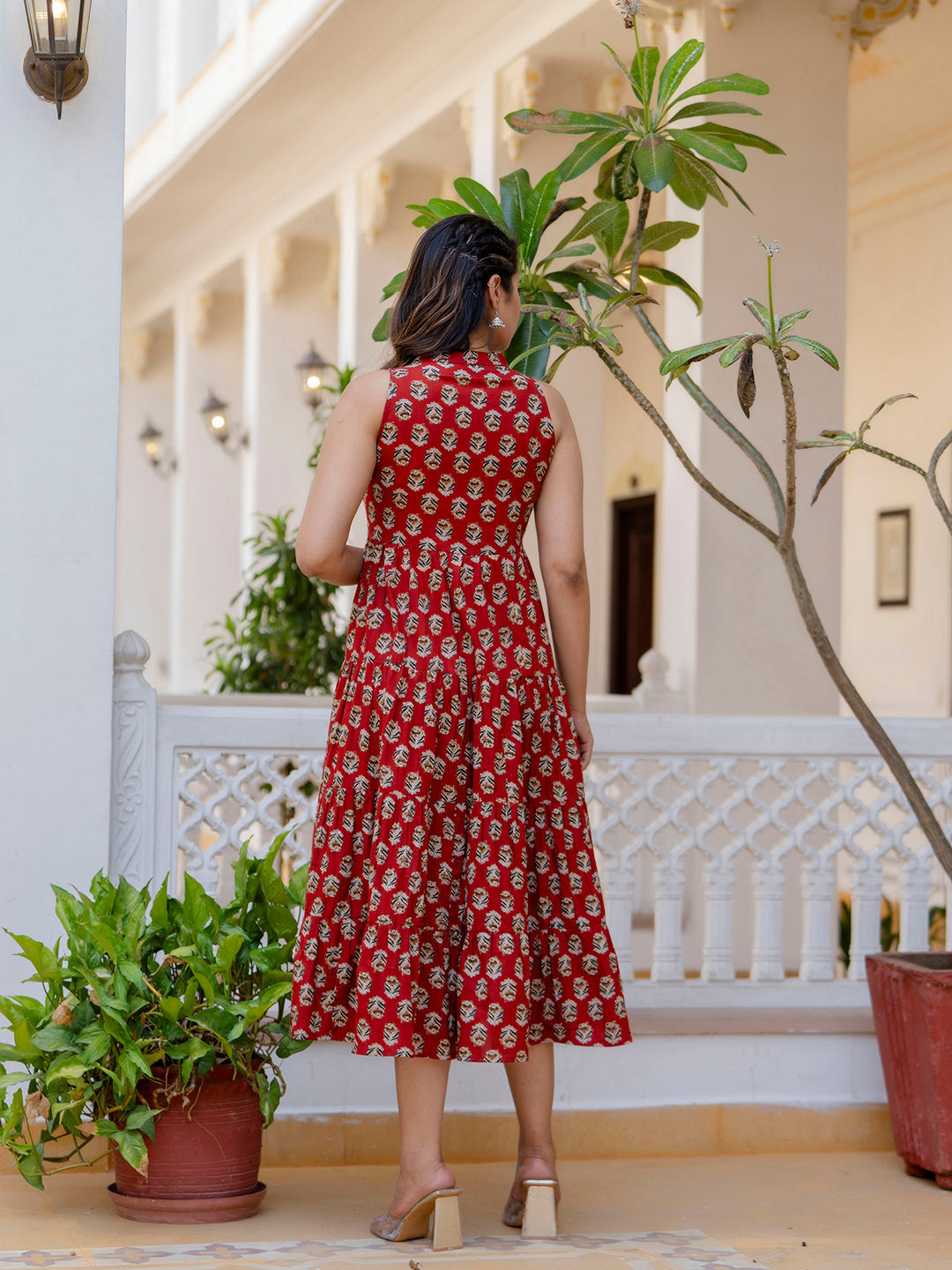 Antaran Maroon Pure Cotton Tiered Printed Dress - Swadesiicart