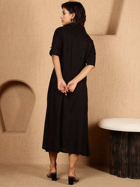 Antaran Black Rayon Solid Black Dress - Swadesiicart