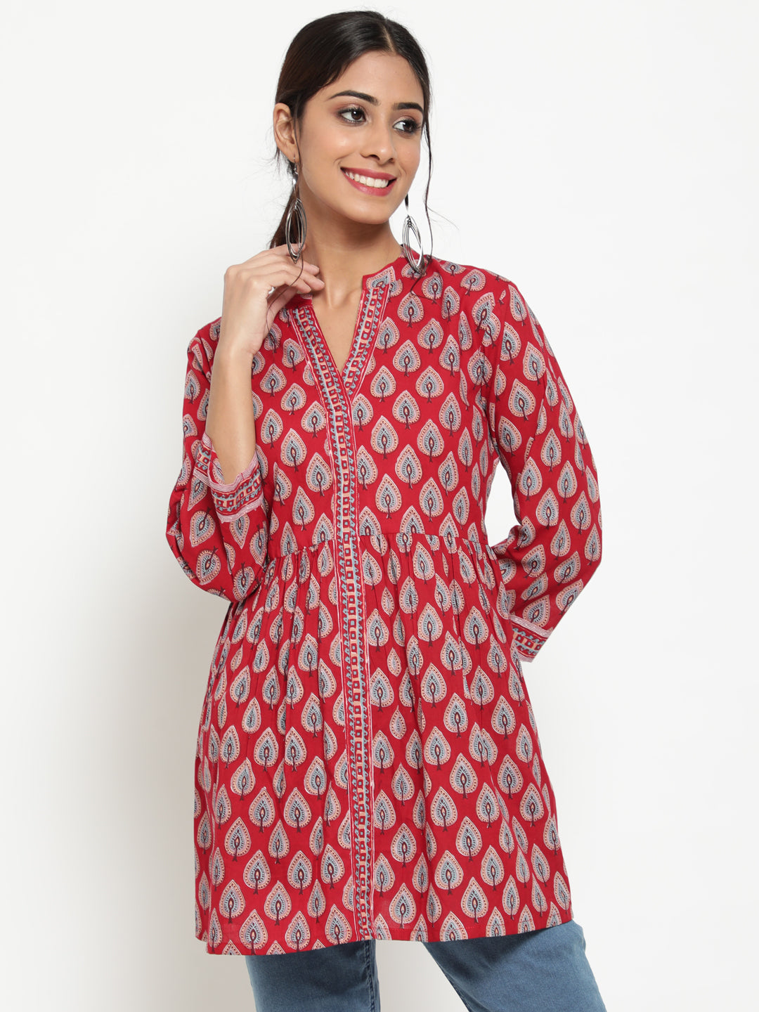 Antaran Maroon Pure Cotton Printed Tunic - Swadesiicart