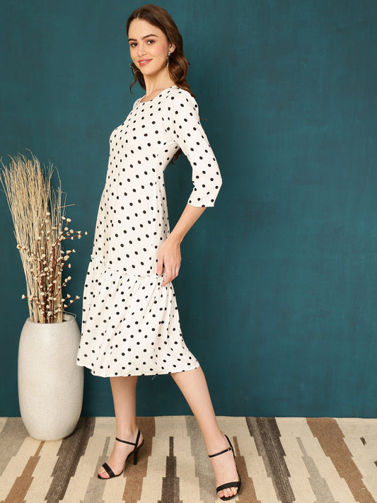 Antaran White Rayon Polka Printed Dress - Swadesiicart