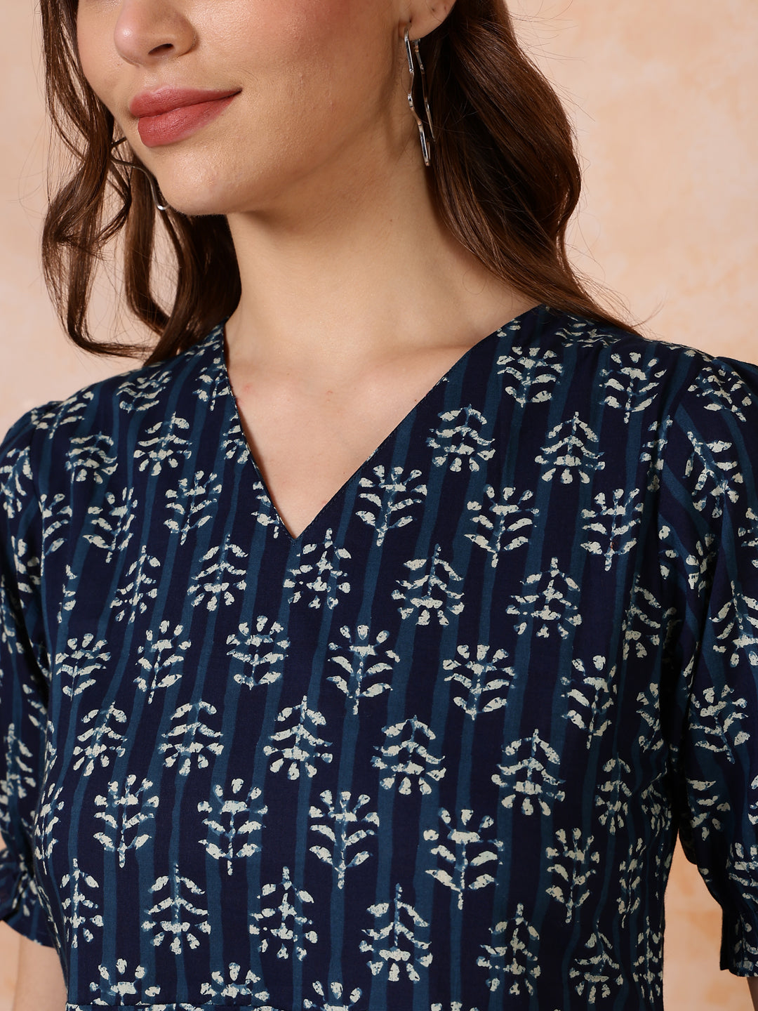 Antaran Blue Pure Cotton Flared Printed Dress - Swadesiicart