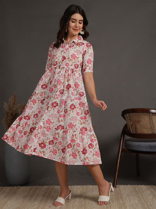 Antaran White Pure Cotton Tiered Floral Printed Dress - Swadesiicart