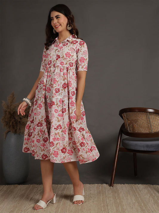 Antaran White Pure Cotton Tiered Floral Printed Dress - Swadesiicart