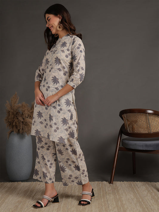 Antaran Beige Pure Cotton Printed Co Ord Set - Swadesiicart