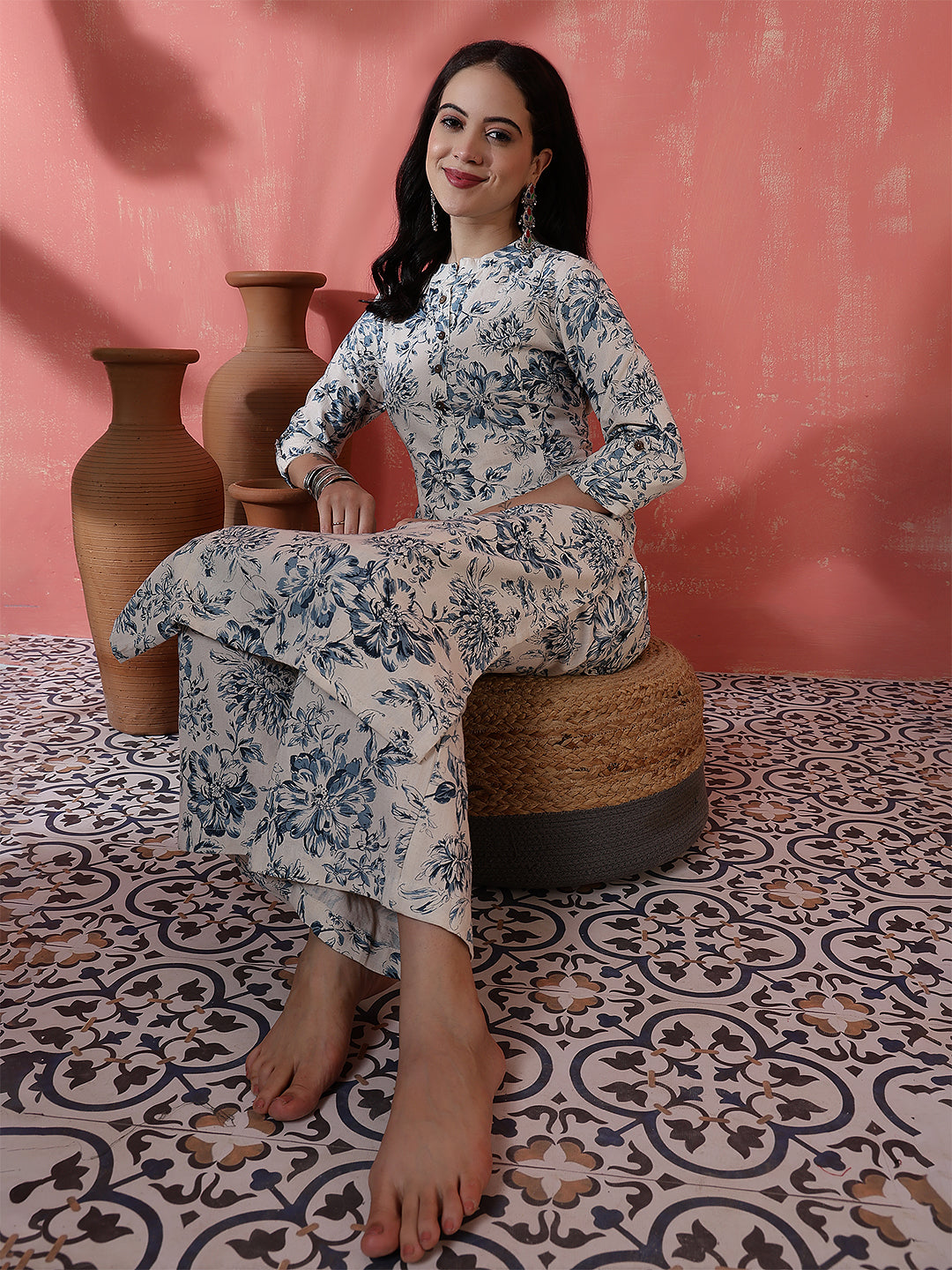 Antaran Off White Pure Cotton Printed Kurta Pant Set - Swadesiicart