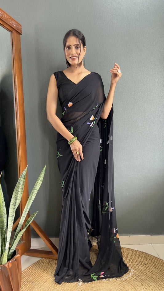Aayaa Designer 1 min Hand Painted Ready to Wear saree - Black | Swadesiicart