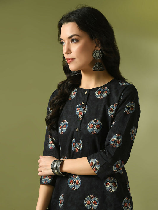 Myshka Women's Black Printed Cotton Round Neck Party Tunic With Trousers Co-ord set - Swadesiicart