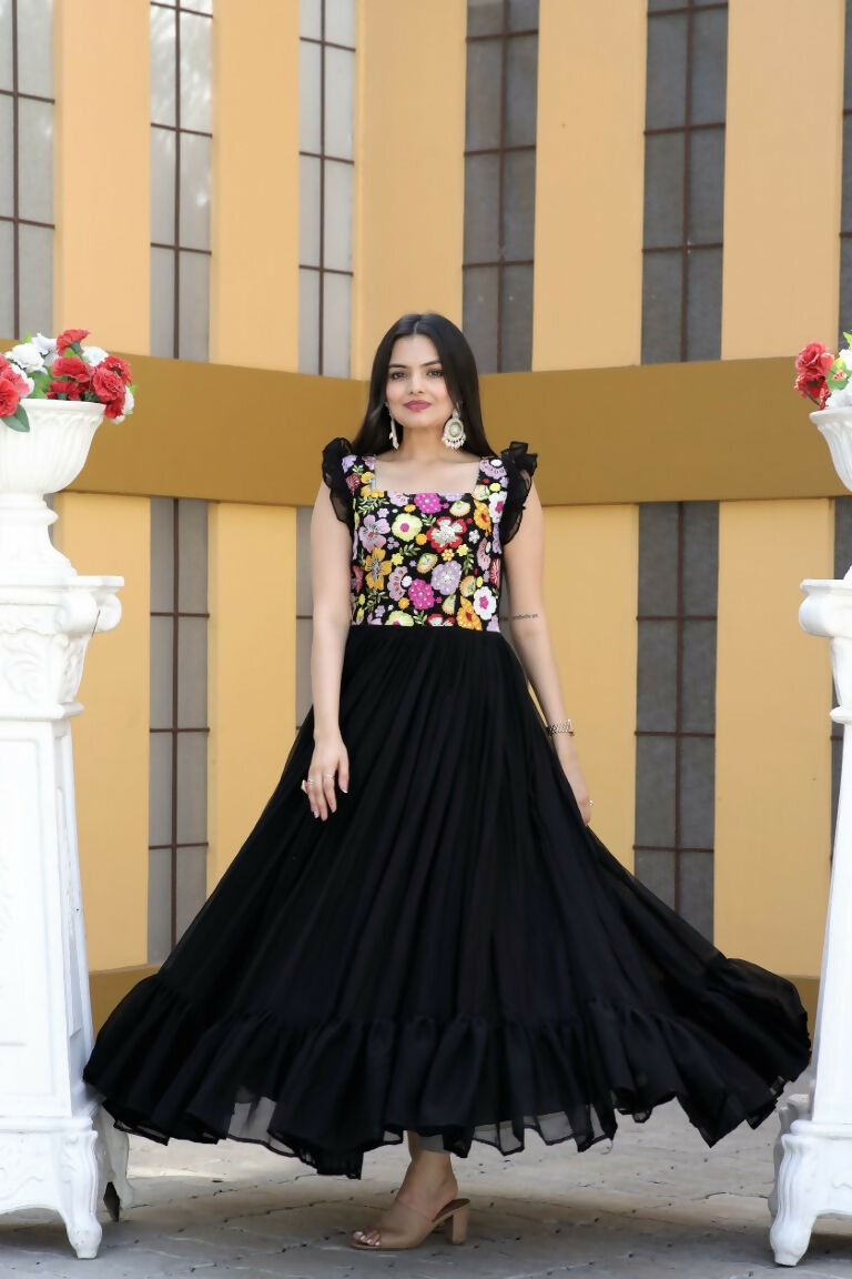 Jyoti Fashion Women's Black Sequins Thread Embroidery Faux Blooming Anarkali Dress | Swadesiicart