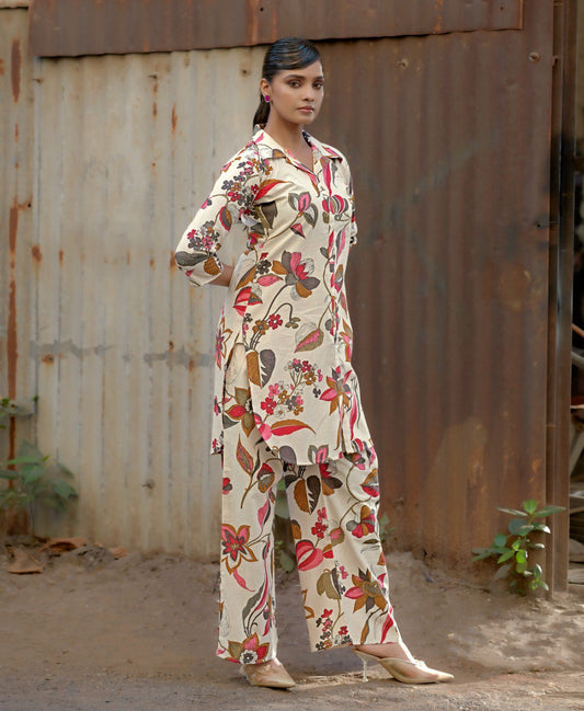 Prazu Fashion Cream Khadi Cotton Floral Printed Co-Ord Set - Swadesiicart