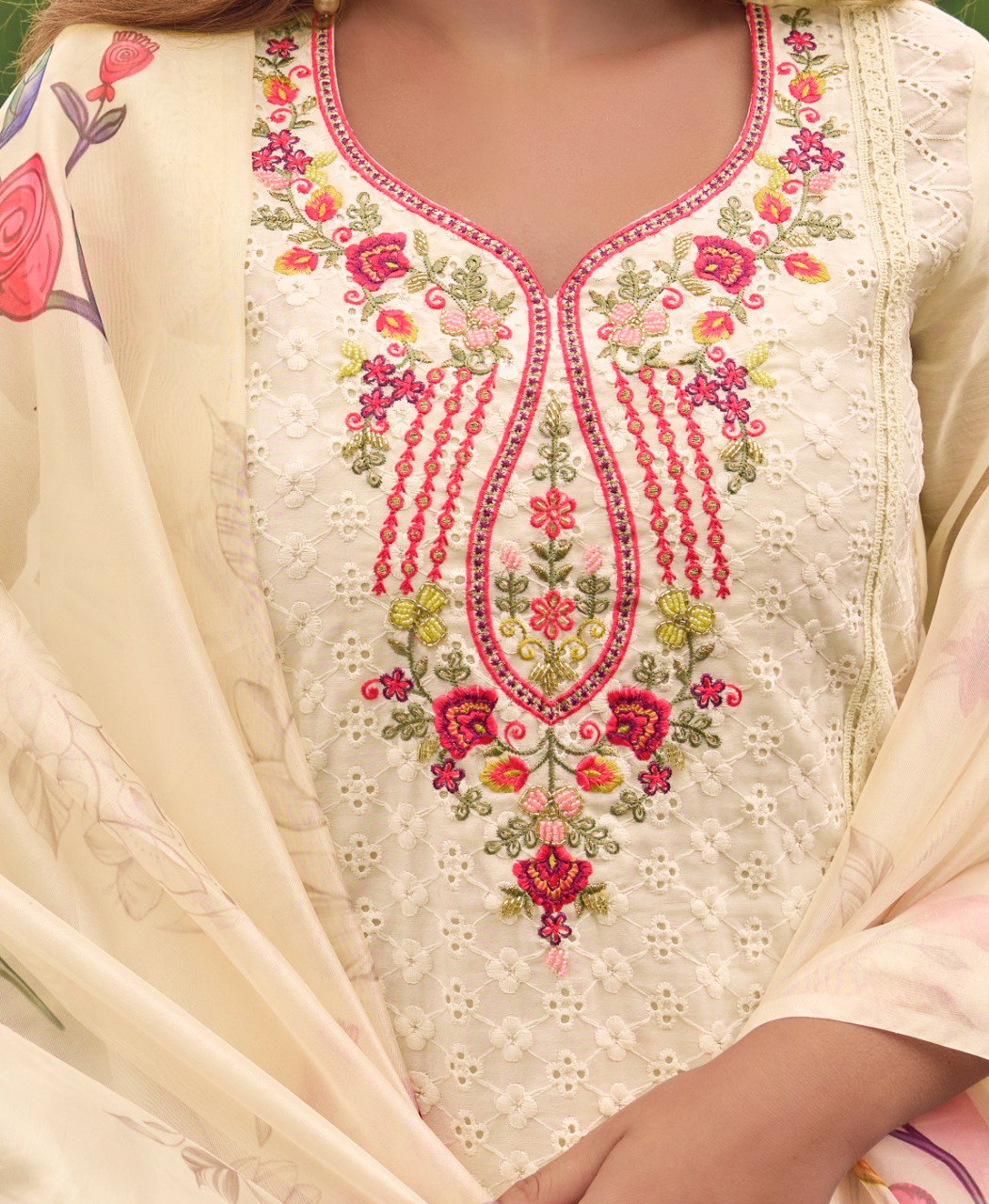 Prazu Fashion Off-White Chanderi Silk Chikankari Embroidered Kurta Set | Swadesiicart