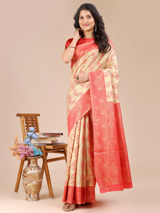 Astita Cream & Red Banarasi silk Woven Zari Work Traditional Tassel Saree | Swadesiicart