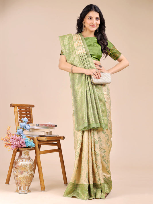 Astita Cream & Light Green Banarasi silk Woven Zari Work Traditional Tassel Saree | Swadesiicart
