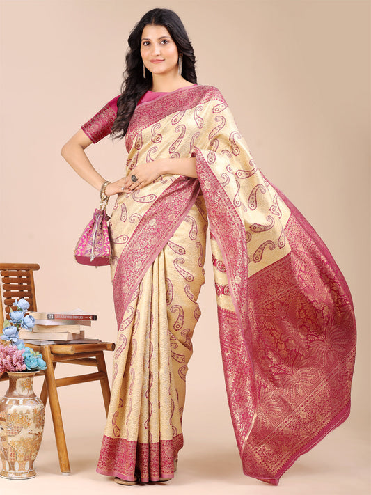 Astita Cream & Magenta Banarasi silk Woven Zari Work Traditional Tassel Saree | Swadesiicart