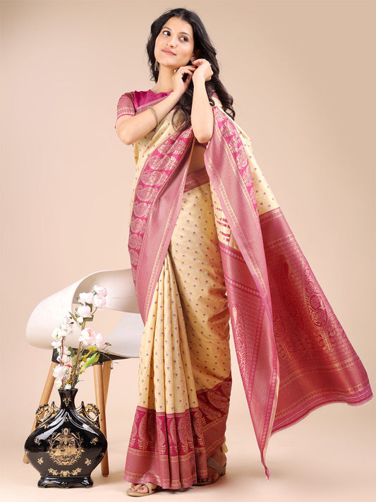 Astita Cream & Magenta Banarasi silk Woven Zari Work Traditional Tassel Saree | Swadesiicart