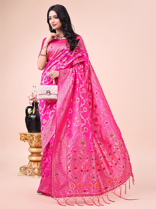Astita Pink Banarasi Silk Saree with Floral Zari Weaving - Festive Traditional Elegance for Weddings & Celebrations | Swadesiicart
