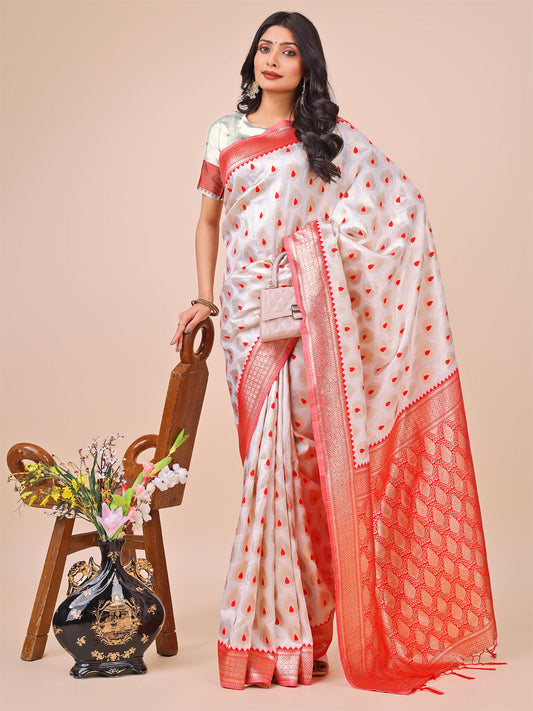Astita White & Red Banarasi Silk Saree with Teardrop Weaving & Rich Zari Pallu - Traditional Elegance for Festive Looks | Swadesiicart