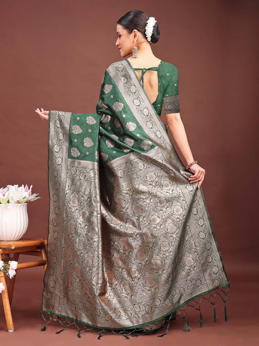 Astita Dark Green Banarasi Silk Saree with Zari Weaving - A Timeless Tale of Elegance | Swadesiicart