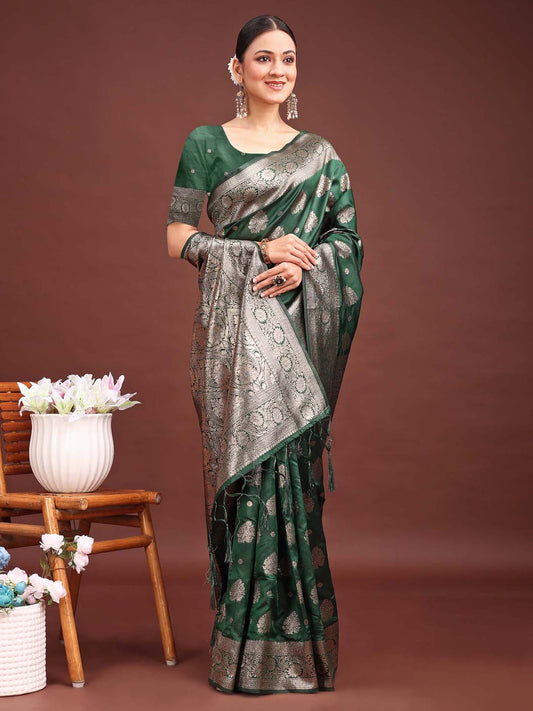Astita Dark Green Banarasi Silk Saree with Zari Weaving - A Timeless Tale of Elegance | Swadesiicart
