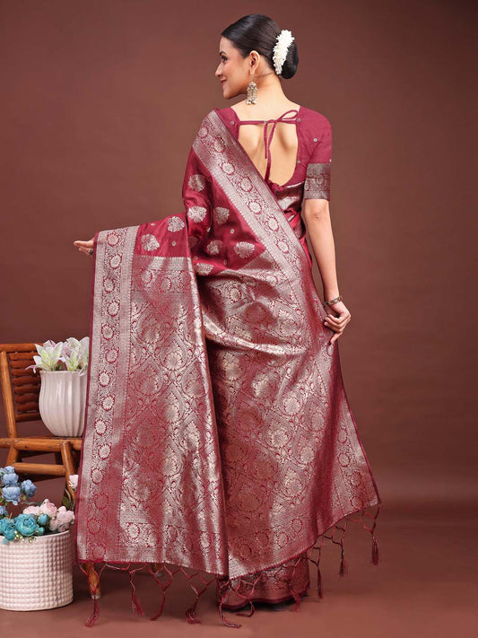 Astita Maroon Banarasi Silk Saree with Zari Weaving - A Timeless Tale of Elegance | Swadesiicart