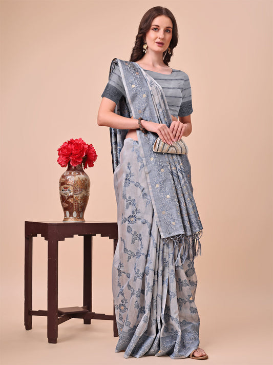 Astita Beige & Grey Banarasi Cotton Saree with Floral Zari Work and Traditional Pallu - Elegant Ethnic Wear for Festivals & Ceremonies | Swadesiicart