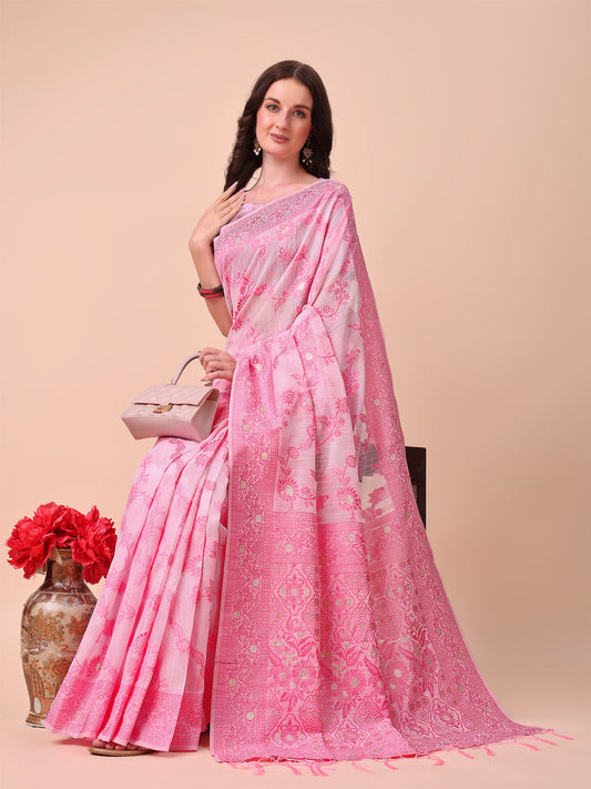 Astita Beige & Pink Banarasi Cotton Saree with Floral Zari Work and Traditional Pallu - Elegant Ethnic Wear for Festivals & Ceremonies | Swadesiicart