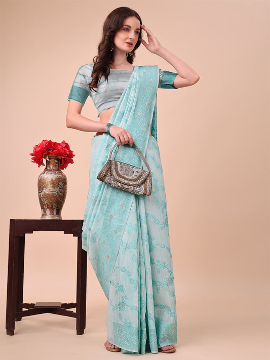 Astita Beige & Sky Blue Banarasi Cotton Saree with Floral Zari Work and Traditional Pallu - Elegant Ethnic Wear for Festivals & Ceremonies | Swadesiicart