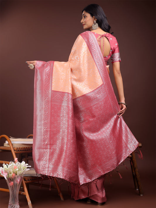 Astita Graceful Orange & Maroon Banarasi Silk Saree with Rich Zari Woven Border - Traditional Elegance for Celebrations | Swadesiicart