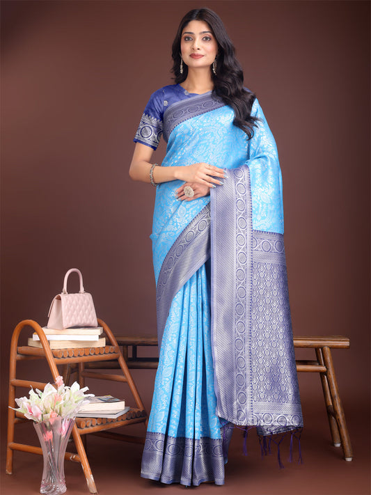 Astita Graceful Sky Blue & Blue Banarasi Silk Saree with Rich Zari Woven Border - Traditional Elegance for Celebrations | Swadesiicart
