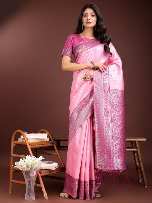 Astita Graceful Light Pink & Pink Banarasi Silk Saree with Rich Zari Woven Border - Traditional Elegance for Celebrations | Swadesiicart