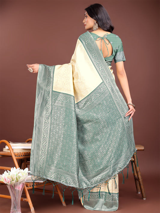 Astita Graceful Cream & Green Banarasi Silk Saree with Rich Zari Woven Border - Traditional Elegance for Celebrations | Swadesiicart