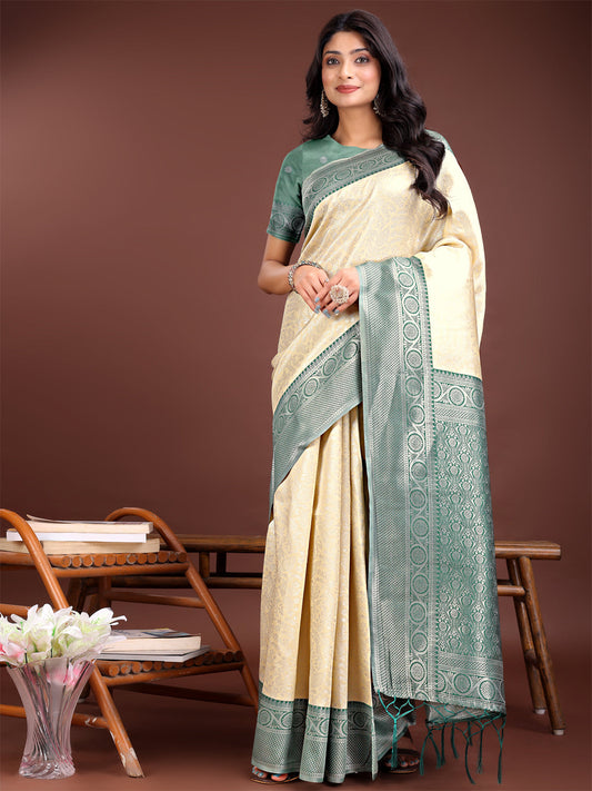 Astita Graceful Cream & Green Banarasi Silk Saree with Rich Zari Woven Border - Traditional Elegance for Celebrations | Swadesiicart