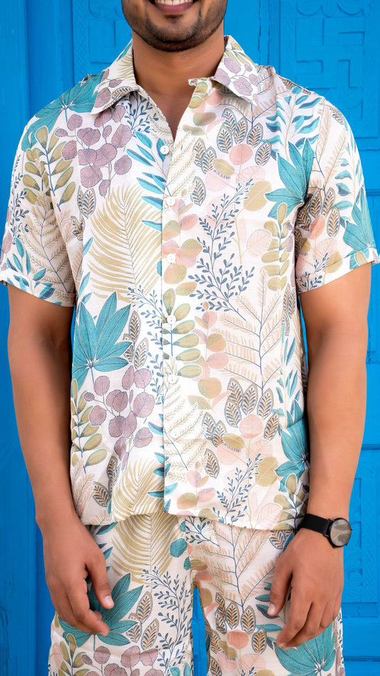 Noroke Sustainable fabric | Linen Satin Linen Blue Leaf Co-ord Set Men - Swadesiicart