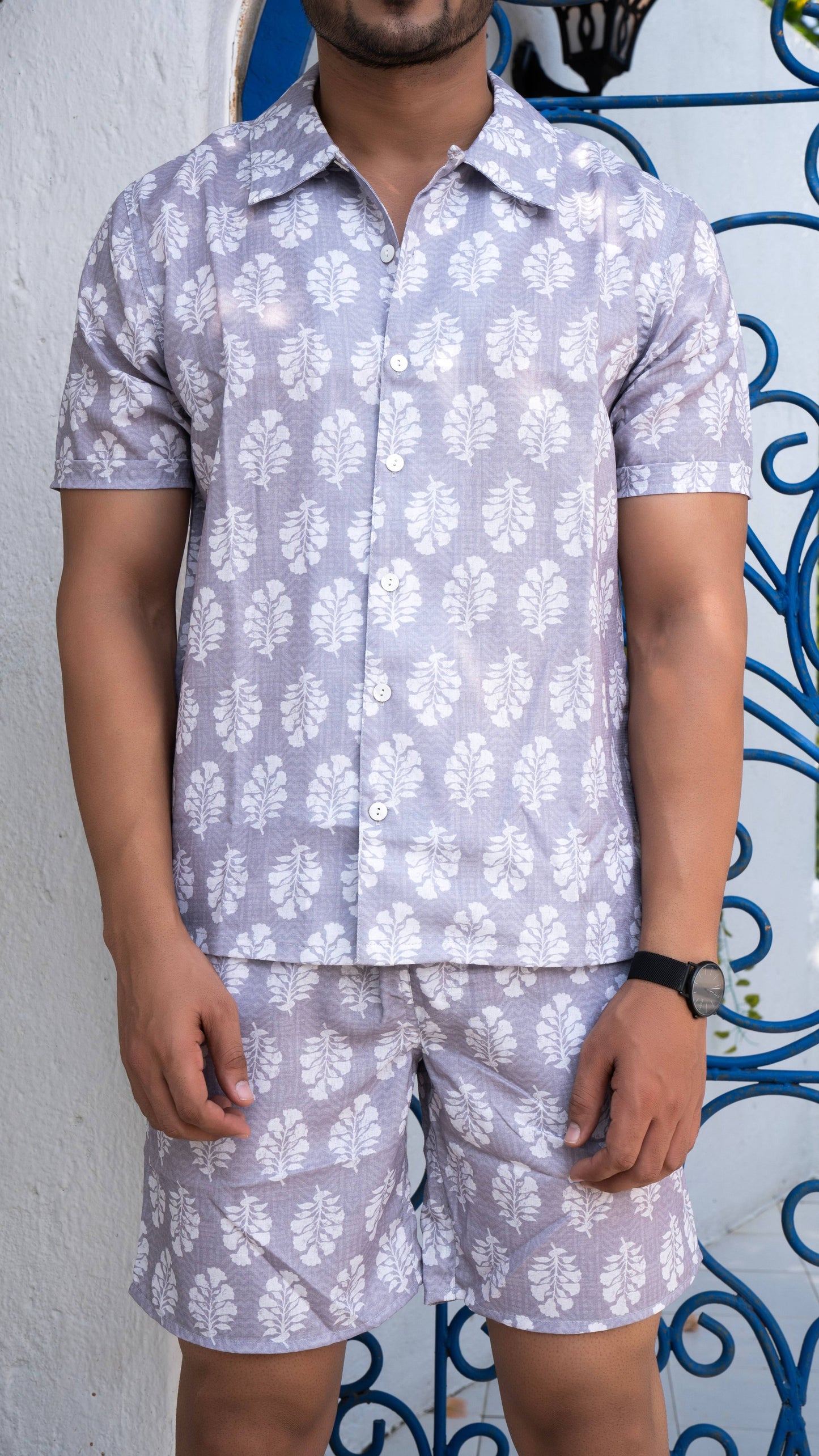 Noroke Sustainable fabric | Linen Cotton Linen Leaf Printed Co-ord Set Men - Swadesiicart