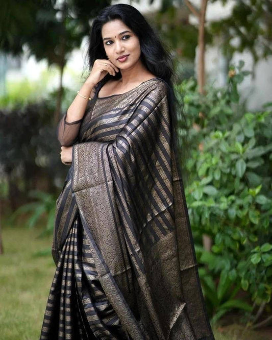 Vamika Weaving Banarasi Jacquard Black Kanjivaram Saree | Swadesiicart