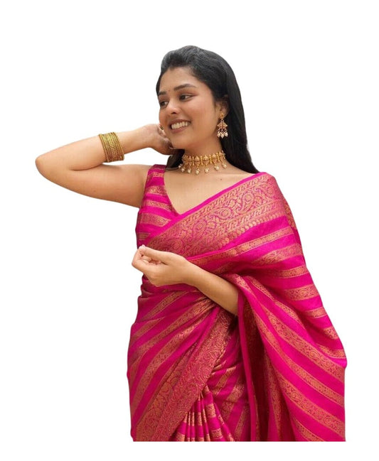 Vamika Weaving Banarasi Jacquard Pink Kanjivaram Saree | Swadesiicart