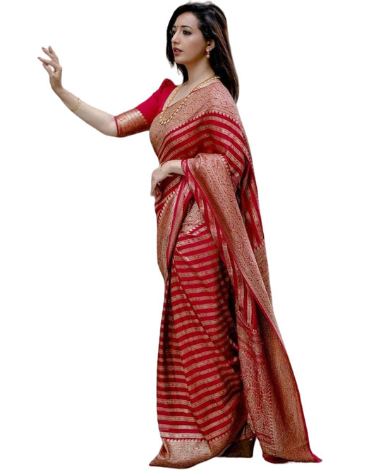 Vamika Weaving Banarasi Jacquard Red Kanjivaram Saree | Swadesiicart