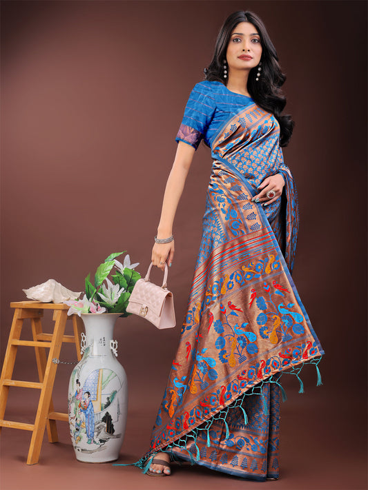 Astita Vibrant Copper & Blue Banarasi Silk Saree with Colorful Pallu - Perfect Blend of Tradition and Festive Elegance | Swadesiicart