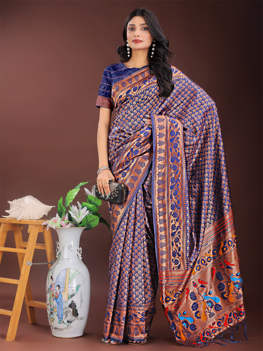 Astita Vibrant Copper & Navy Blue Banarasi Silk Saree with Colorful Pallu - Perfect Blend of Tradition and Festive Elegance | Swadesiicart