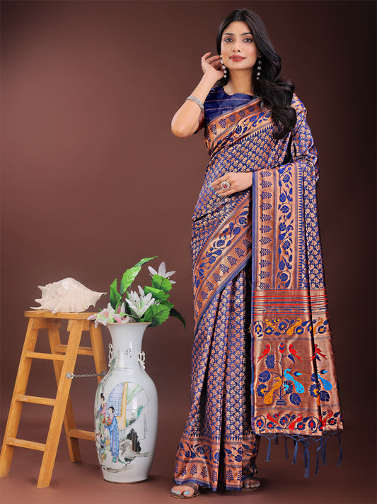 Astita Vibrant Copper & Navy Blue Banarasi Silk Saree with Colorful Pallu - Perfect Blend of Tradition and Festive Elegance | Swadesiicart