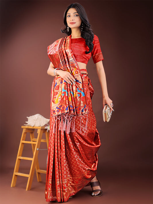Astita Vibrant Copper & Red Banarasi Silk Saree with Colorful Pallu - Perfect Blend of Tradition and Festive Elegance | Swadesiicart